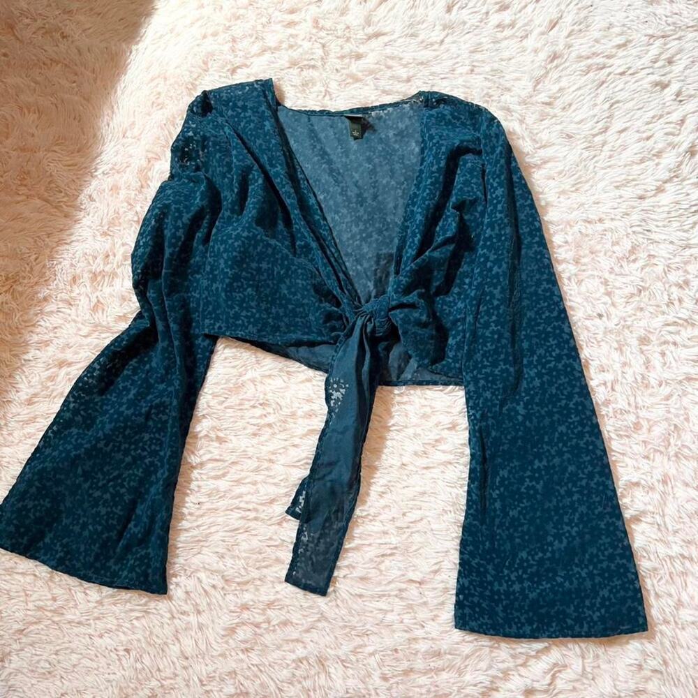 Velvet Burnout Floral Retro Boho Fairy Core Lagenlook Bell‎ Sleeve Tie Crop Top